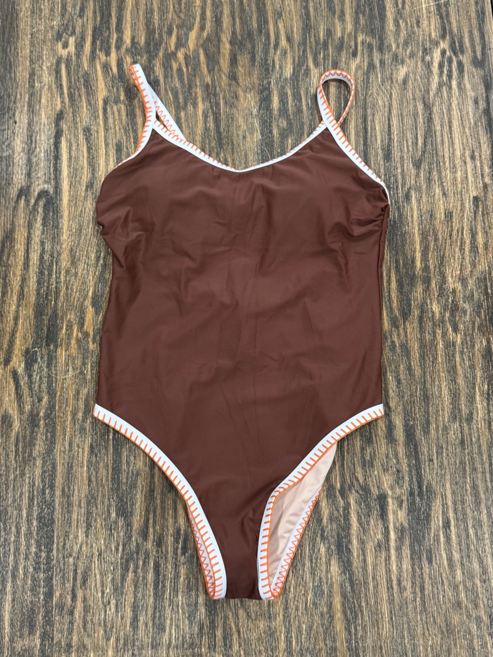 Cupshe Brown One Piece Swimsuit Contrast Stitch Open Back Size Large NWT